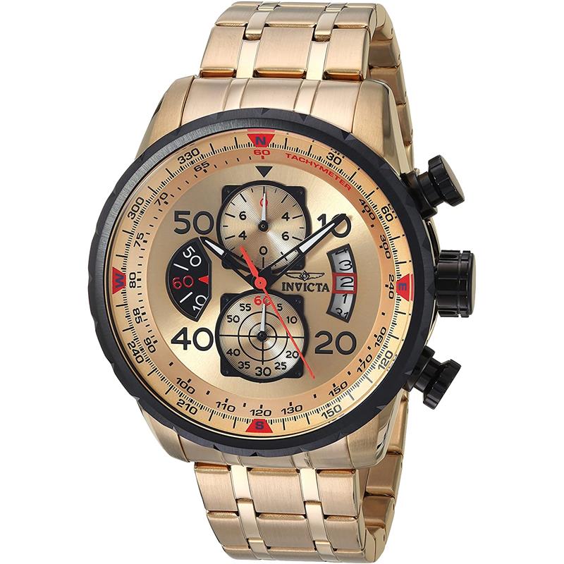 Invicta Men's Aviator 48mm Gold Tone Stainless Steel Chronograph Quartz Watch, Gold (Model: 17205) INV-17205